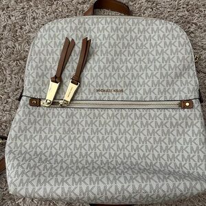 Michael Kors White & Brown MK Logo Backpack with Gold Hardware
